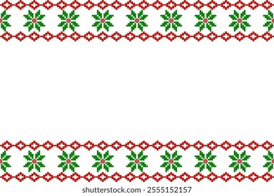 Christmas and New Year seamless pattern. Green snowflakes  on  White pixel pattern for winter hat,jumper,sweater, wrapping,fabric,border,rim,carpets, blankets, towels.