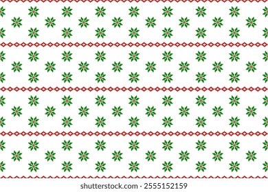 Christmas and New Year seamless pattern. Green snowflakes  on  White pixel pattern for winter hat,jumper,sweater, wrapping,fabric,border,rim,carpets, blankets, towels.