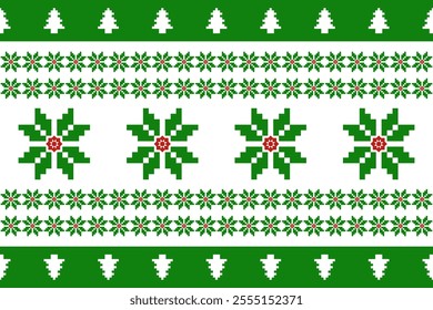 Christmas and New Year seamless pattern. Green snowflakes and Christmas tree on  White pixel pattern for winter hat,jumper,sweater, wrapping,fabric,border,rim,carpets, blankets, towels.