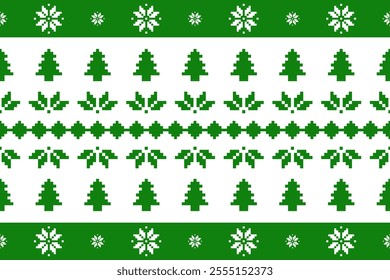 Christmas and New Year seamless pattern. Green snowflakes and Christmas tree on  White pixel pattern for winter hat,jumper,sweater, wrapping,fabric,border,rim,carpets, blankets, towels.