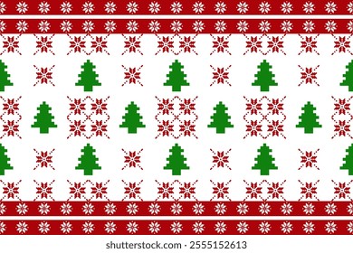 Christmas and New Year seamless pattern. Red snowflakes and Green Christmas tree on  White pixel pattern for winter hat,jumper,sweater, wrapping,fabric,border,rim,carpets, blankets, towels.