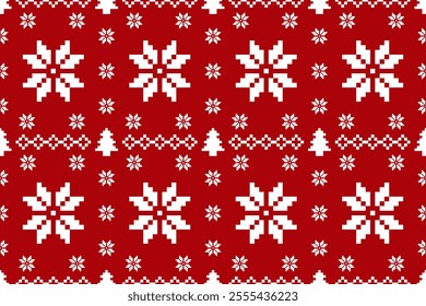 Christmas and New Year seamless pattern. White snowflakes and Christmas trees on red pixel pattern for winter hat,jumper,sweater, wrapping,fabric,border,rim,carpets, blankets, towels.