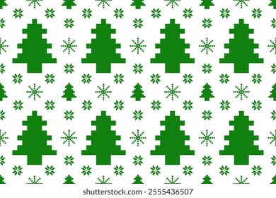 Christmas and New Year seamless pattern. Green snowflakes and Christmas tree on White pixel pattern for winter hat,jumper,sweater, wrapping,fabric,border,rim,carpets, blankets, towels.