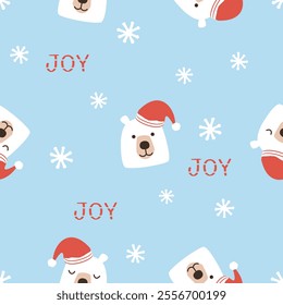 Christmas or New year seamless pattern with bear cartoon, red hat, hand written fonts and snowflakes on blue background vector. 