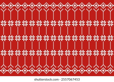 Christmas and New Year seamless pattern. White snowflakes  on red pixel pattern for winter hat,jumper,sweater, wrapping,fabric,border,rim,carpets, blankets, towels.