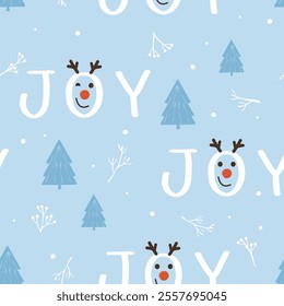 Christmas or New year seamless pattern with reindeer face cartoon, hand written fonts, pine tree, and snowflakes on blue background vector.