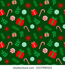 Christmas New Year seamless pattern with gift box, candy cane, mint candy, Christmas tree branch.