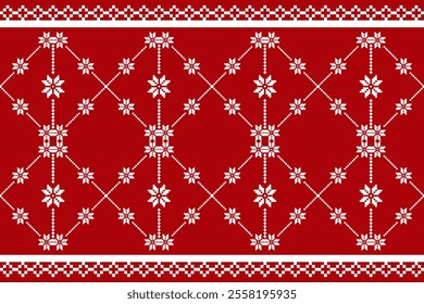 Christmas and New Year seamless pattern. White snowflakes on red pixel pattern for winter hat,jumper,sweater, wrapping,fabric,border,rim,carpets, blankets, towels.