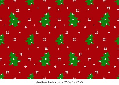 Christmas and New Year seamless pattern. White snowflakes and Christmas tree on red pixel pattern for winter hat,jumper,sweater, wrapping,fabric,border,rim,carpets, blankets, towels.