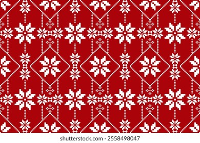 Christmas and New Year seamless pattern. White snowflakes on red pixel pattern for winter hat,jumper,sweater, wrapping,fabric,border,rim,carpets, blankets, towels.