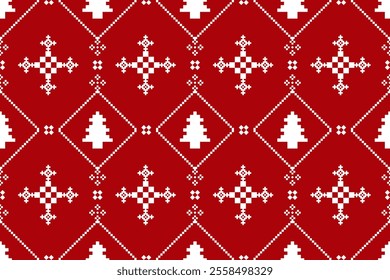 Christmas and New Year seamless pattern. White snowflakes and Christmas trees on red pixel pattern for winter hat,jumper,sweater, wrapping,fabric,border,rim,carpets, blankets, towels.