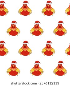 christmas or new year seamless pattern with  rooster in santa hat design and other new year decorations vector graphic line, for festive textiles, posters or banners

