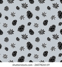 Christmas and New Year seamless pattern with pine cones, anise stars, and cloves. Christmas decoration. Hand drawn sketch 