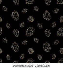 Christmas and New Year seamless pattern with gold pine cones. Christmas decoration. Hand drawn sketch 