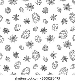 Christmas and New Year seamless pattern with pine cones, anise stars, and cloves. Christmas decoration. Hand drawn sketch 