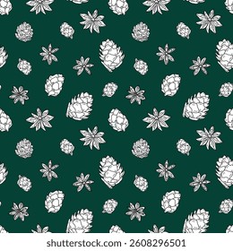 Christmas and New Year seamless pattern with pine cones, anise stars, and cloves. Christmas decoration. Hand drawn sketch 
