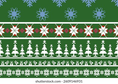 Christmas and New Year seamless pattern with a fairytale pixel design, featuring snowflakes for winter. Design for decorating, wallpaper, wrapping paper, fabric, backdrop and etc.
