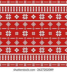 Natal e Ano Novo padrão sem emenda. Flocos de neve brancos e árvore de Natal em padrão de pixel vermelho para chapéu de inverno, jumper, suéter, envoltório, tecido, borda, borda, tapetes, cobertores, toalhas.