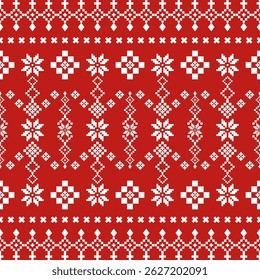 Natal e Ano Novo padrão sem emenda. Flocos de neve brancos e árvore de Natal em padrão de pixel vermelho para chapéu de inverno, jumper, suéter, envoltório, tecido, borda, borda, tapetes, cobertores, toalhas.