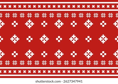Christmas and New Year seamless pattern. White snowflakes and Christmas tree on red pixel pattern for winter hat,jumper,sweater, wrapping,fabric,border,rim,carpets, blankets, towels.