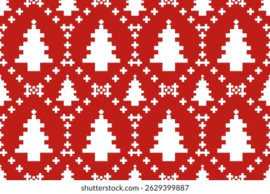 Natal e Ano Novo padrão sem emenda. Flocos de neve brancos e árvore de Natal em padrão de pixel vermelho para chapéu de inverno, jumper, suéter, envoltório, tecido, borda, borda, tapetes, cobertores, toalhas.