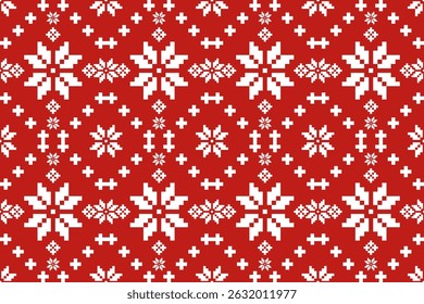 Christmas and New Year seamless pattern. White snowflakes and Christmas tree on red pixel pattern for winter hat,jumper,sweater, wrapping,fabric,border,rim,carpets, blankets, towels.
