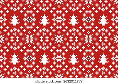 Christmas and New Year seamless pattern. White snowflakes and Christmas tree on red pixel pattern for winter hat,jumper,sweater, wrapping,fabric,border,rim,carpets, blankets, towels.