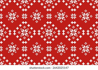 Christmas and New Year seamless pattern. White snowflakes on red pixel pattern for winter hat,jumper,sweater, wrapping,fabric,border,rim,carpets, blankets, towels