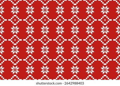 Christmas and New Year seamless pattern. White snowflakes on red pixel pattern for winter hat,jumper,sweater, wrapping,fabric,border,rim,carpets, blankets, towels.