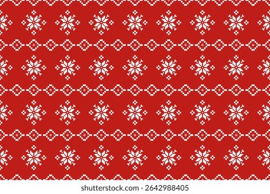 Christmas and New Year seamless pattern. White snowflakes on red pixel pattern for winter hat,jumper,sweater, wrapping,fabric,border,rim,carpets, blankets, towels.