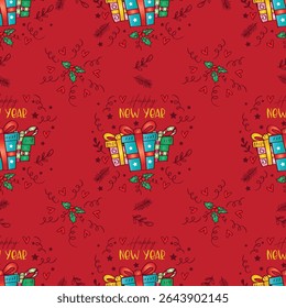 Weihnachten und Neujahr nahtloses Muster mit Geschenkboxen und Konfetti. Vektorgrafik.