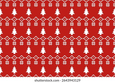 Christmas and New Year seamless pattern. White snowflakes and Christmas tree on red pixel pattern for winter hat,jumper,sweater, wrapping,fabric,border,rim,carpets, blankets, towels.