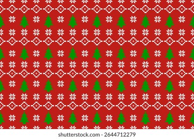 Christmas and New Year seamless pattern. White snowflakes and Christmas tree on red pixel pattern for winter hat,jumper,sweater, wrapping,fabric,border,rim,carpets, blankets, towels