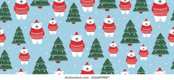 Christmas and New Year seamless pattern with cute polar bear in red sweater and Christmas tree. Vector.