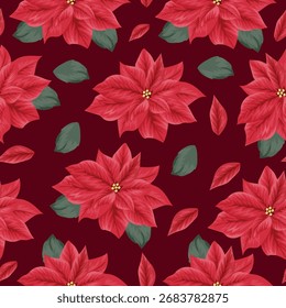 Navidades, modelo inconsútil del año Nuevo con los brotes rojos abiertos de la flor de pascua y los pétalos de debajo de la flor y las hojas verdes en un fondo rojo, para el empaquetado del día de fiesta, los textiles o la impresión