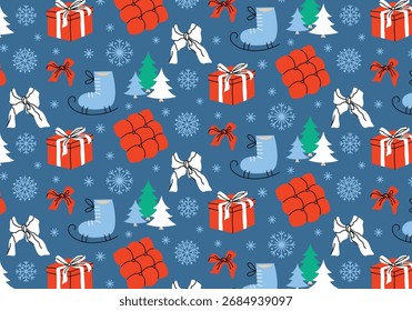 Natal e Ano Novo padrão sem costura em estilo cartoon. Presentes de férias e decoração, arcos, inverno, flocos de neve, árvore de Natal, brinquedos e atmosfera acolhedora. Têxteis sazonais. Design de papel de embrulho para impressão