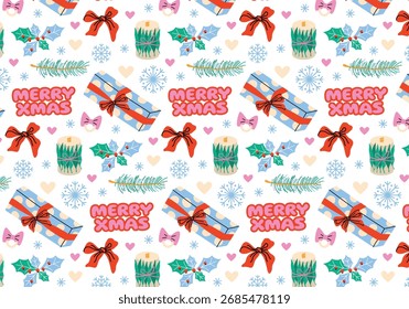 Weihnachten und Neujahr nahtloses Muster im Cartoon-Stil. Weihnachtsgeschenke und Dekor, Bögen, Winter, Schneeflocken, Weihnachtsbaum, Kerzen, gemütliche Atmosphäre. Saisontextilien. Papierdesign für bedruckbare Umhüllung