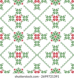 Navidades y patrón sin fisuras del año Nuevo. Copos de nieve rojos y verdes en patrón de píxeles blancos para sombrero de invierno, suéter, envoltura, tela.