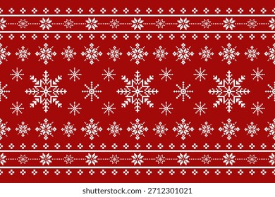 Natal e Ano Novo padrão sem emenda. Flocos de neve brancos em padrão de pixel vermelho para chapéu de inverno, jumper, suéter, envoltório, tecido, borda, aro, tapetes, cobertores, toalhas.