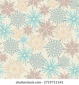Christmas, New Year seamless pattern, linear illustration of snowflakes. snow flakes in the cold season, snowfall