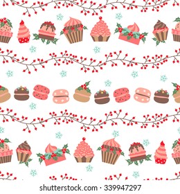 Christmas and New Year seamless pattern with cupcakes. Vector illustration