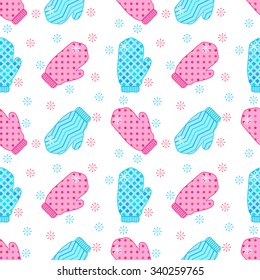 Christmas and New Year seamless pattern with winter knitted mittens and snowflakes.