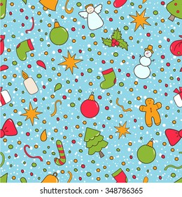 Christmas or New Year seamless pattern. Traditional elements: gift, sock, bell, angel, star, spruce, candle, holly, etc. Ideal for wrapping paper for gift, textile, wallpaper, background.