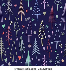 Christmas and New Year seamless pattern of fir trees, stars and snowflakes. Winter holidays background. Vector.