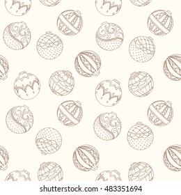 Christmas and New Year seamless pattern. Hand drawn endless vector illustration of Christmas balls on light background for wrapping, textile printing Winter holiday collection