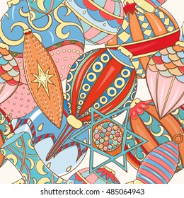 Christmas and New Year seamless pattern. Hand drawn endless vector illustration of Christmas balls on light background for wrapping, textile printing Winter holiday collection