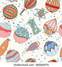 Christmas and New Year seamless pattern. Hand drawn endless vector illustration of Christmas balls on light background for wrapping, textile printing Winter holiday collection