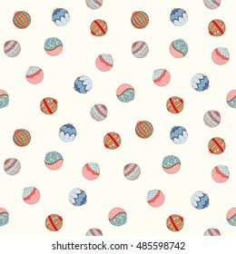 Christmas and New Year seamless pattern. Hand drawn endless vector illustration of Christmas balls on light background for wrapping, textile printing Christmas decoration. Winter holiday collection