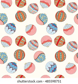 Christmas and New Year seamless pattern. Hand drawn endless vector illustration of Christmas balls on light background for wrapping, textile printing Christmas decoration. Winter holiday collection