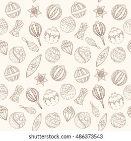 Christmas and New Year seamless pattern. Hand drawn endless vector illustration of Christmas balls on light background for wrapping, textile printing Winter holiday collection